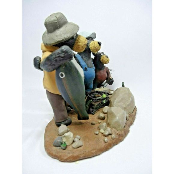 4 Bear Buddies Group Catch Fishing Stoneware Figurine Fish Basket Fisherman - Picture 3 of 4